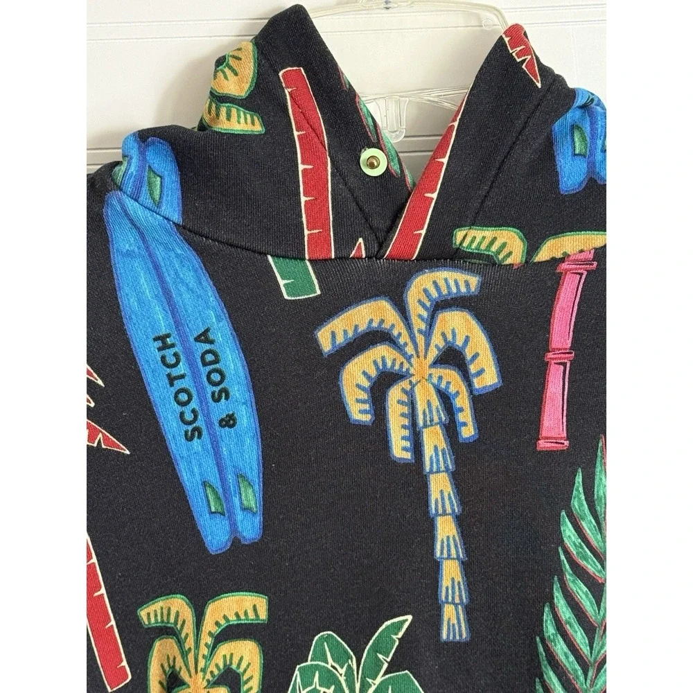 Scotch & Soda Vacation Shirt Black Hoodie Surf Palm Trees Pocket Logo Boys SZ 10